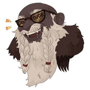 Omerók, a bald, bearded duergar, smiling and wearing sunglasses that say "COOL DUDE" on the lenses.