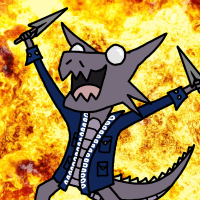 Stak jumping from an explosion, wielding two throwing knives.